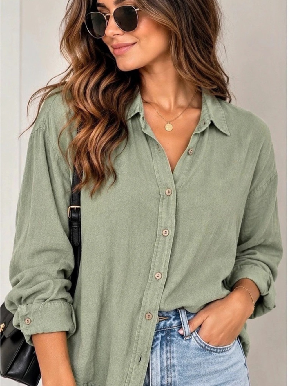 Stradivarius Sage Green Linen Blend Button Down Shirt L Oversized